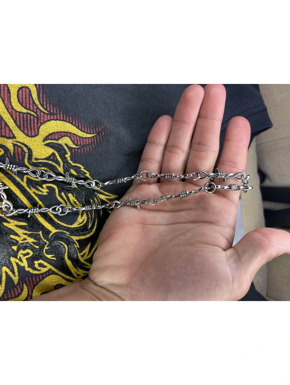 Silver Tone Barbed Wire Style Chain Necklace N-16